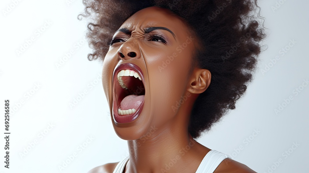 black woman is yelling with a fully open mouth - obrazy, fototapety, plakaty 