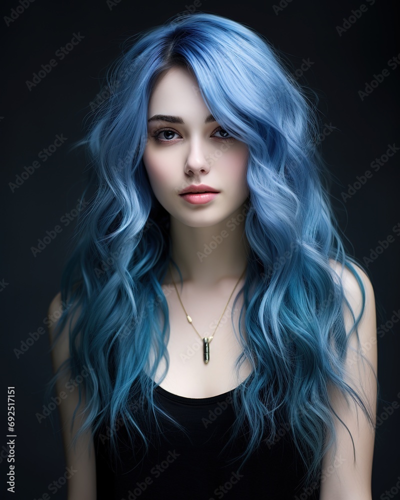 Gogeous Model Girl with Colorful Dyed Hair. Girl with perfect Hairstyle. Model with Healthy Dyed Long Wavy Blue Hairdo