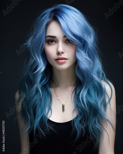 Gogeous Model Girl with Colorful Dyed Hair. Girl with perfect Hairstyle. Model with Healthy Dyed Long Wavy Blue Hairdo