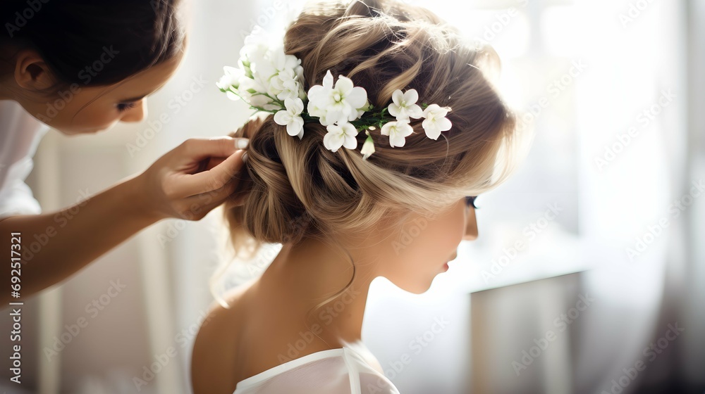 Fototapeta premium Hairdresser making an elegant hairstyle styling bride with white flowers in her hair