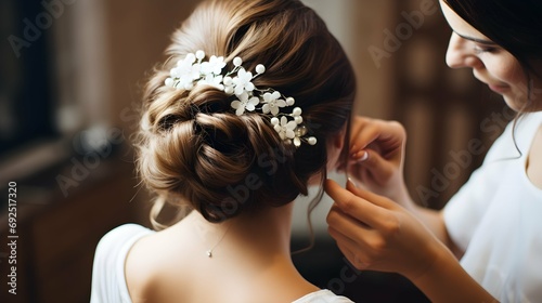 Hairdresser making an elegant hairstyle styling bride with white flowers in her hair photo