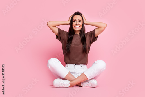 Full body photo of surprised impressed reaction lady touching hands head cosmetics product store opening isolated on pink color background