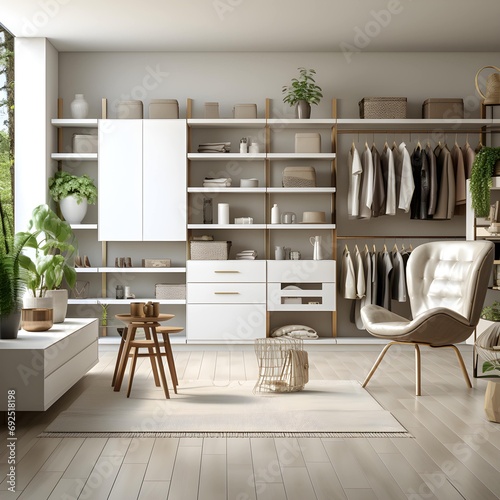 home interior design template mockup room ideas concept with bright white walkin closet space management with cabinet and area organize home background photo