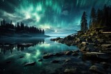 landscape with northern lights over a lake