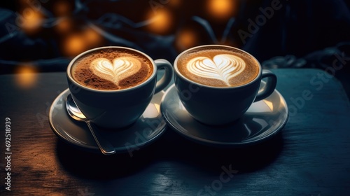 Two cups of coffee with heart-shaped foam on the coffee table. Romantic atmosphere. Romantic date. Love  valentine s day