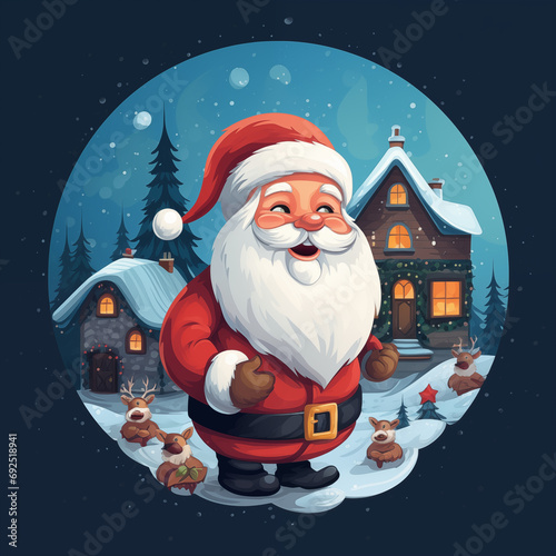 Christmas vector illustration, with happy Santa Claus, in front of a decorated Christmas house, with snow in the yard. Cover or poster. Generated AI photo