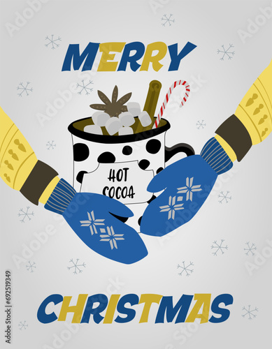 Christmas vector with a white cocoa mug on a light background. Blue mittens with yellow sleeves hold a spotted mug. Blue-yellow text of the EPS 10 illustration
