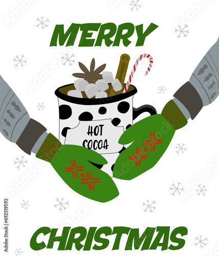 Green text - Merry Christmas on a white background. Vector postcard with Christmas cocoa on a white background. Green mittens with a red pattern and snowflakes. Illustration EPS 10