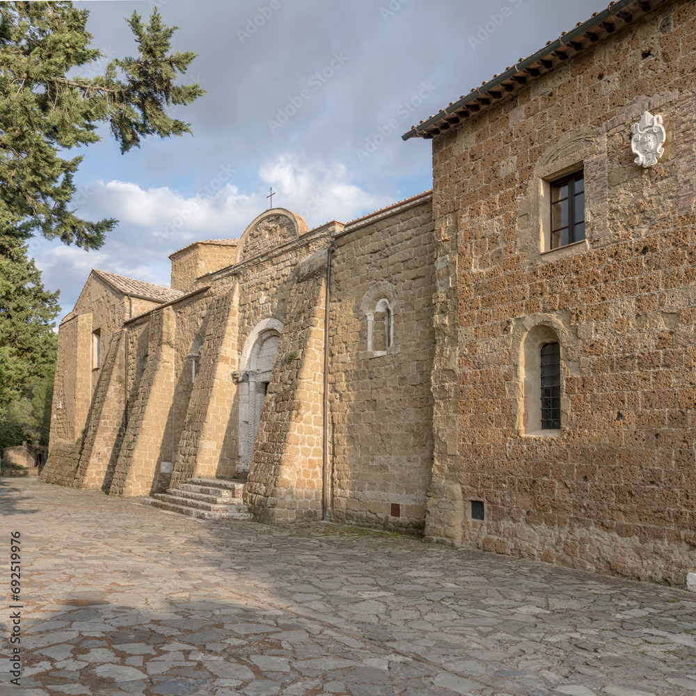 side view of san Pietro Cathedral at medieval village, Sovana, Italy