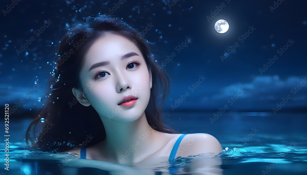 Ultra HD image of beautiful girl swimming in blue water at mid night generated by ai Ultra HD image of beautiful girl swimming in blue water at mid night generated by ai