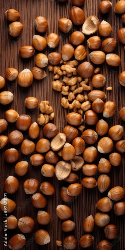 hazelnuts spilled on a wooden table - overhead view hazelnuts spilled on a wooden table - overhead view
