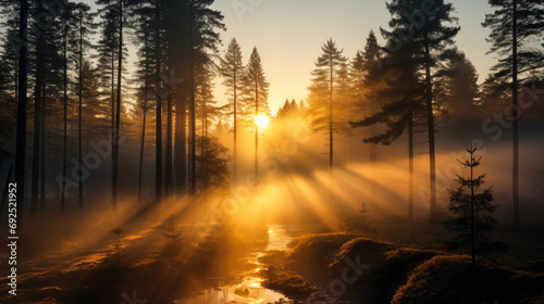 Mystical sunrise over a forest shrouded in golden fog, with rays of light piercing through the trees