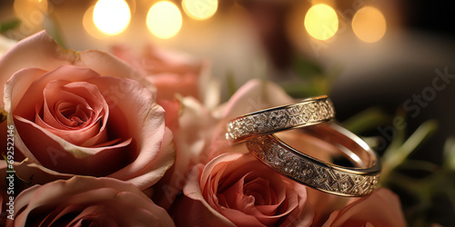 Elegant wedding rings on a bouquet with blurred bride and groom in the background, capturing the romantic essence of a wedding day