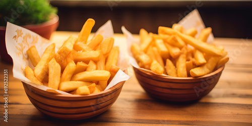 Pile of piping hot and crispy golden French fries or chips in a small metal bucket Natural light Look very tasty and delicious Unhealthy junk food and Empty calorie Food Concept .AI Generative