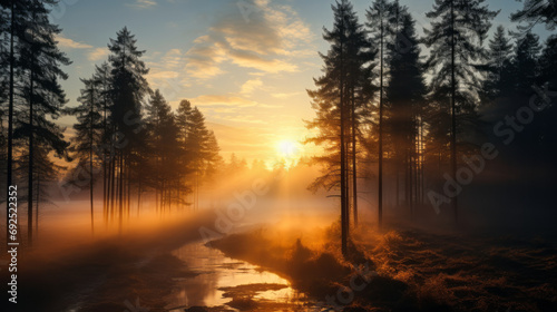 Mystical sunrise over a forest shrouded in golden fog, with rays of light piercing through the trees