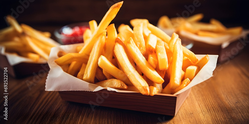 Delectable crispy French fries highlighting the essence of tasty fast food French fries with ketchup on wooden background AI Generative
