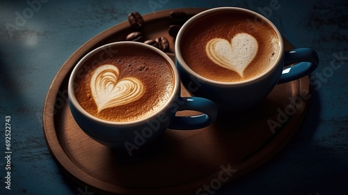Two cups of coffee with heart-shaped foam on the coffee table. Romantic atmosphere. Romantic date. Love, valentine's day