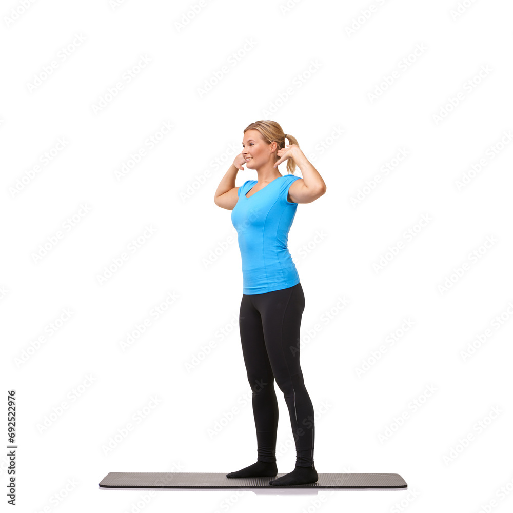 Yoga, health and training with woman in studio for stretching, exercise and wellness. Workout, fitness and self care with female person on floor of white background for pilates, body and mockup space Yoga, health and training with woman in studio for stretching, exercise and wellness. Workout, fitness and self care with female person on floor of white background for pilates, body and mockup space