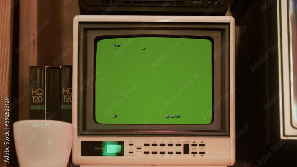 VHS TV Green Screen Time Code Vintage Monitor Zoom In. Old vintage VHS