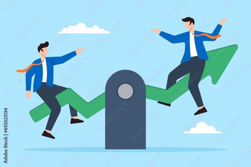 Businessman sit on seesaw green arrow graph lifts partner to new heights in flat design Businessman sit on seesaw green arrow graph lifts partner to new heights in flat design