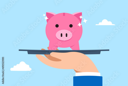 Businessman hand presents precious piggy bank on elegant tray in flat design