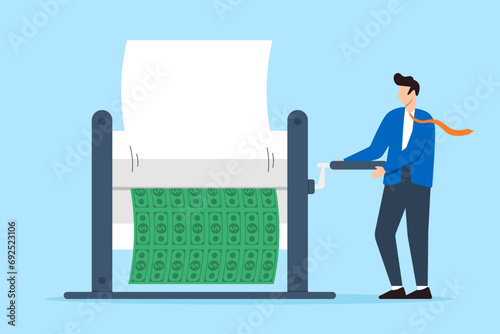 Central bank executive operating money printer for banknotes in flat design
