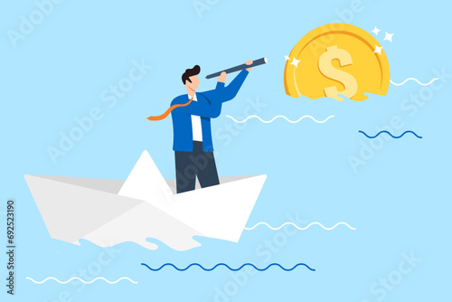 Businessman riding paper boat spotting distant gold coin with telescope in flat design photo