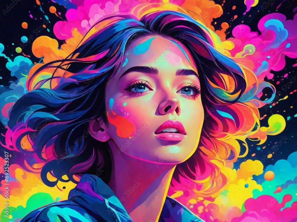 bold neon colors, anime style illustration of a young girl bold neon colors, anime style illustration of a young girl