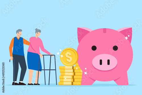 Elderly couple stands with stack dollar coins and pink piggy bank in flat design