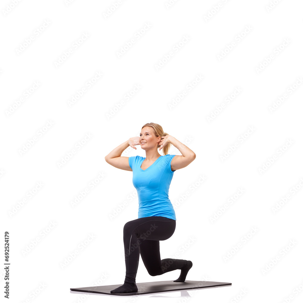Woman, lunge and fitness on mat, studio profile or stretching workout for exercise, health or white background. Girl, balance or idea in training, mockup space or muscle development process on floor Woman, lunge and fitness on mat, studio profile or stretching workout for exercise, health or white background. Girl, balance or idea in training, mockup space or muscle development process on floor