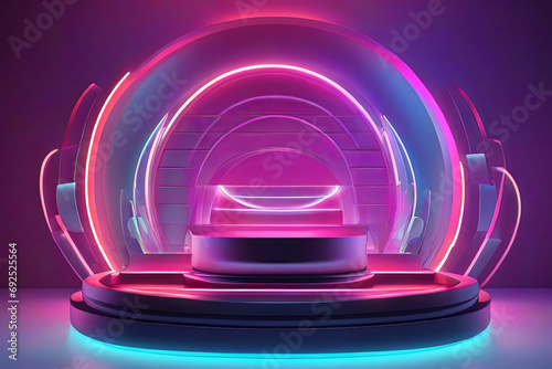 Neonlits with gradient rings and laser waves Geometric background concept for Circle podium
