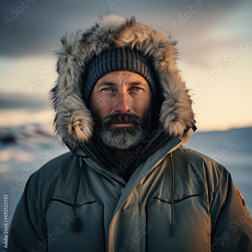 portrait in a bearded man in his 40s with an arctic background
