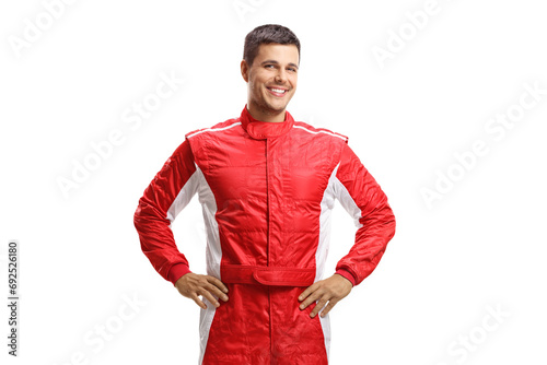 Male racer standing and smiling at camera