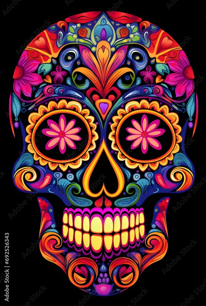 Obraz premium Day of the Dead sugar skull. Vector illustration on black background.