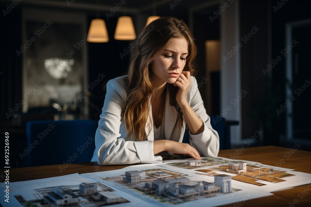 realtor girl looks at a technical drawing that lies on the table