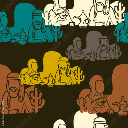 Editable Arab Couple Having Arabic Coffee Vector Illustration With Dallah Pot and Finjan Cups as Seamless Pattern With Dark Background for Islamic Moments or Arabian Culture Cafe Related Design