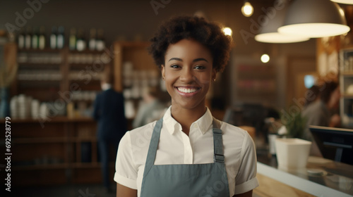 Business Woman Restaurant Owner. Young happy afro female as restaurant manager looking at camera. Restaurant or cafe background
