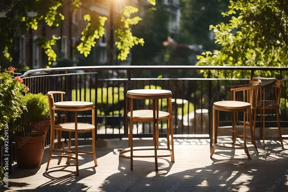 The sun shining on the tables and chairs outside on the balcony.