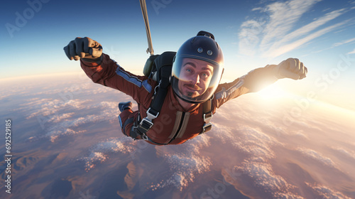 skydiver's view from the front with clear view of the sky and atmosphere. The skydiver may be at the top of the photo or opening his parachute in the later wind. Headshots can convey the determination photo