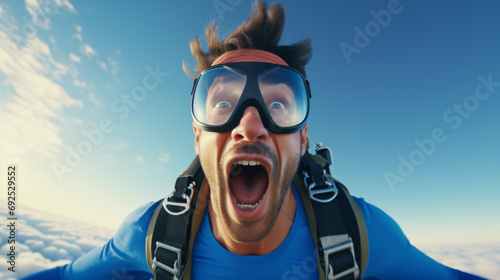 The skydiver's face and expression are visible in the image. who is jumping out of an airplane A face can be seen that may show intent and determination in the jump. Skydiving is a very challenging. © peerapong