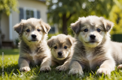 wonderful puppies on a lawn with grass on a sunny day © tanya78