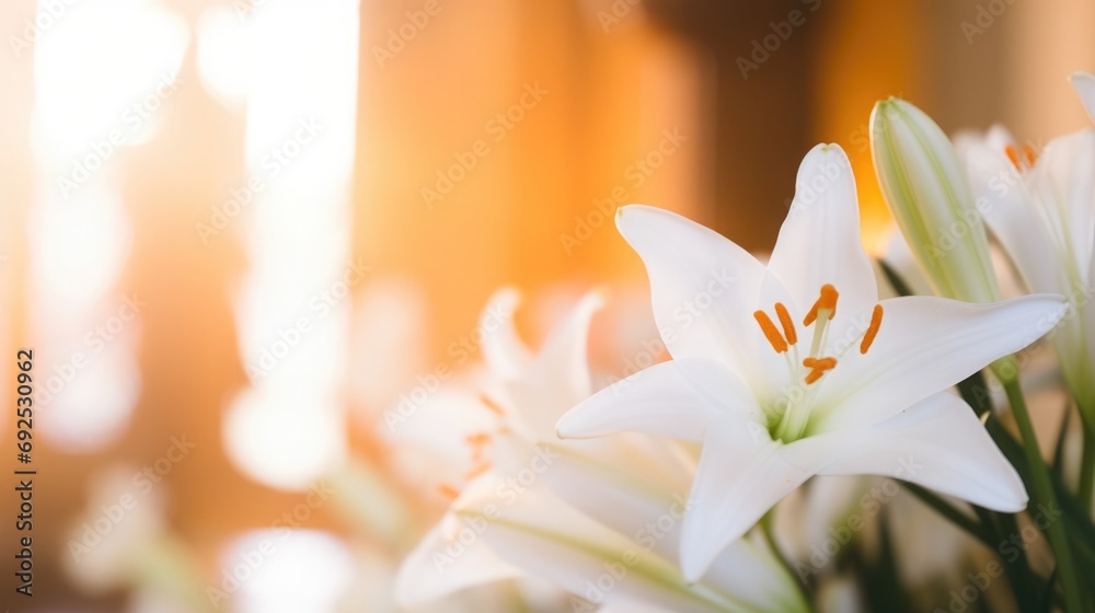 Close-up of Easter lily flowers, blurred background of a springtime church altar - obrazy, fototapety, plakaty 