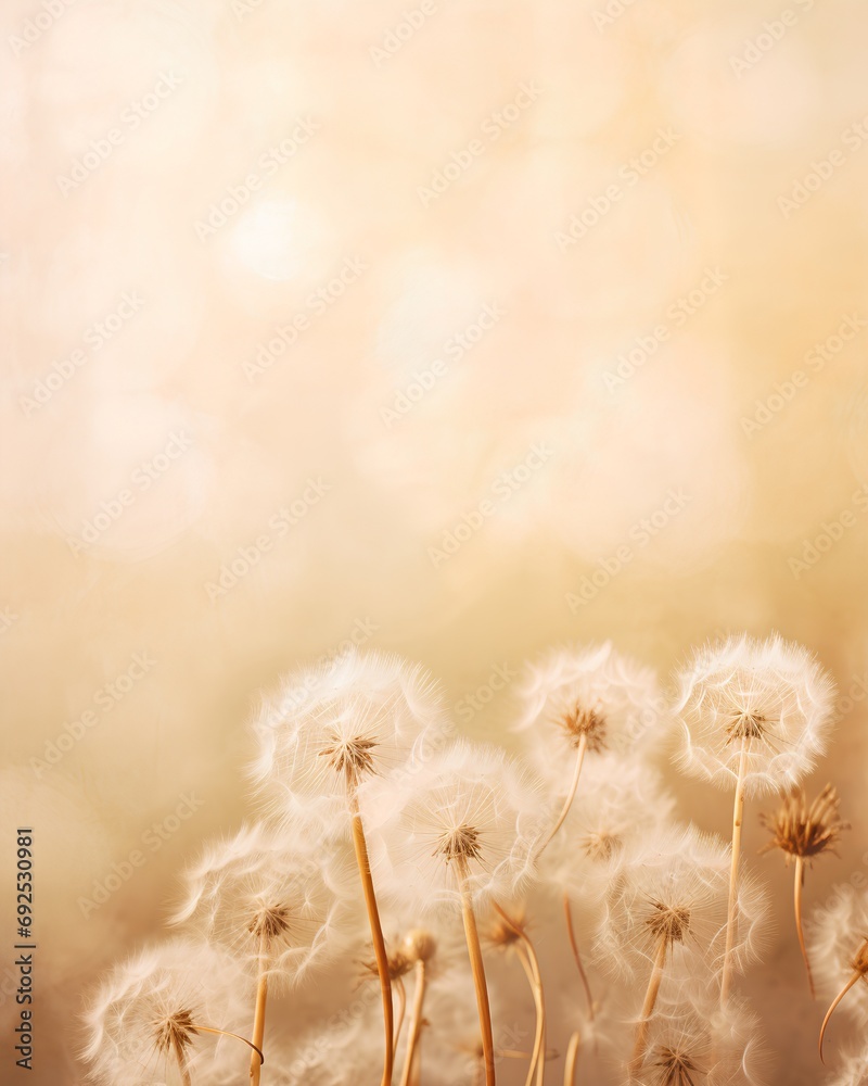 A serene and visually appealing vertical background featuring dandelion fluff, perfect for social media posts. The image is designed with soft pastel colors to evoke a gentle and tranquil mood. - obrazy, fototapety, plakaty 