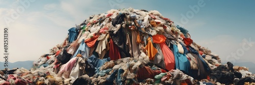 Waste industry trash in nature landscape, garbage stack of cloth industrial pollution awareness global pollution. Textile, fast fashion waste landfill.