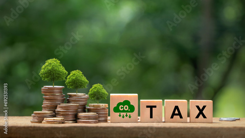 Co2 Tax.Carbon tax, environmental and social responsibility business concept.Controlling carbon emission. Words TAX on a wooden cube with Co2 icon and coin money stack.Taxation for nature pollution.
