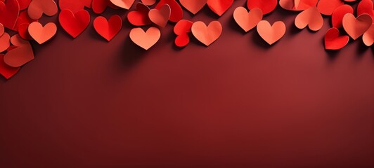 Valentines day, Valentine's day love wedding concept banner greeting card template - Fallen red hearts, isolated on red paper table  background texture, top view