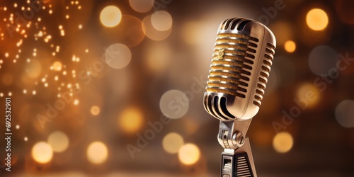 An antique microphone takes center stage, illuminated by bokeh lights