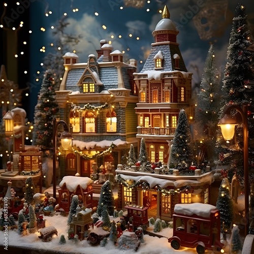 Merry Christmas and Happy New Year. Christmas card with a toy town.