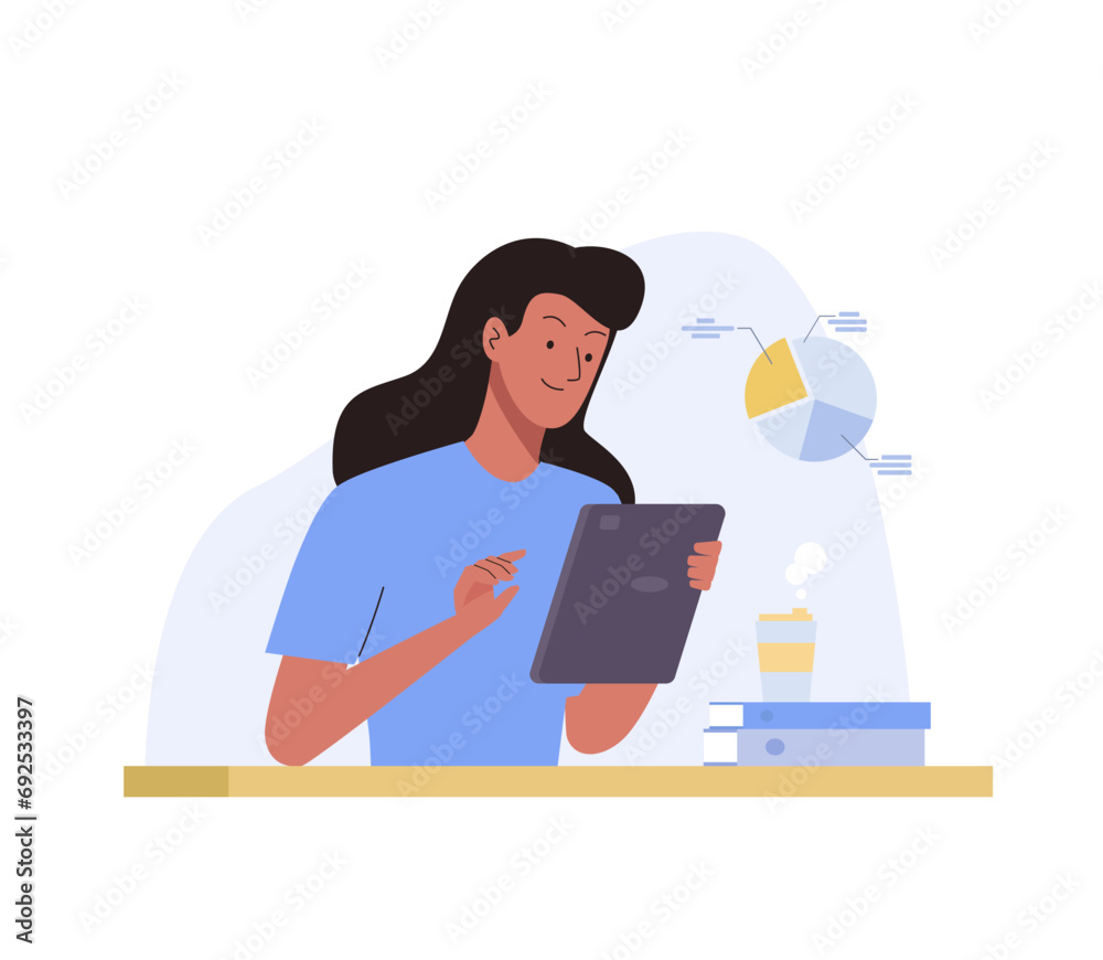 Woman working in the office with tablet. Workplace for remote work, education, teleworking Woman working in the office with tablet. Workplace for remote work, education, teleworking