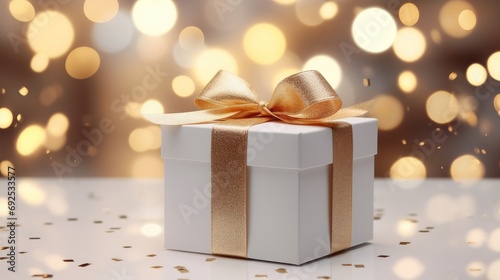white gift box with a golden ribbon on a blurred xmas background © Salander Studio